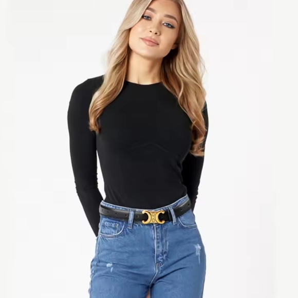 New Black Leather Belt With Gold Tone Hardware | NWOT main image 4